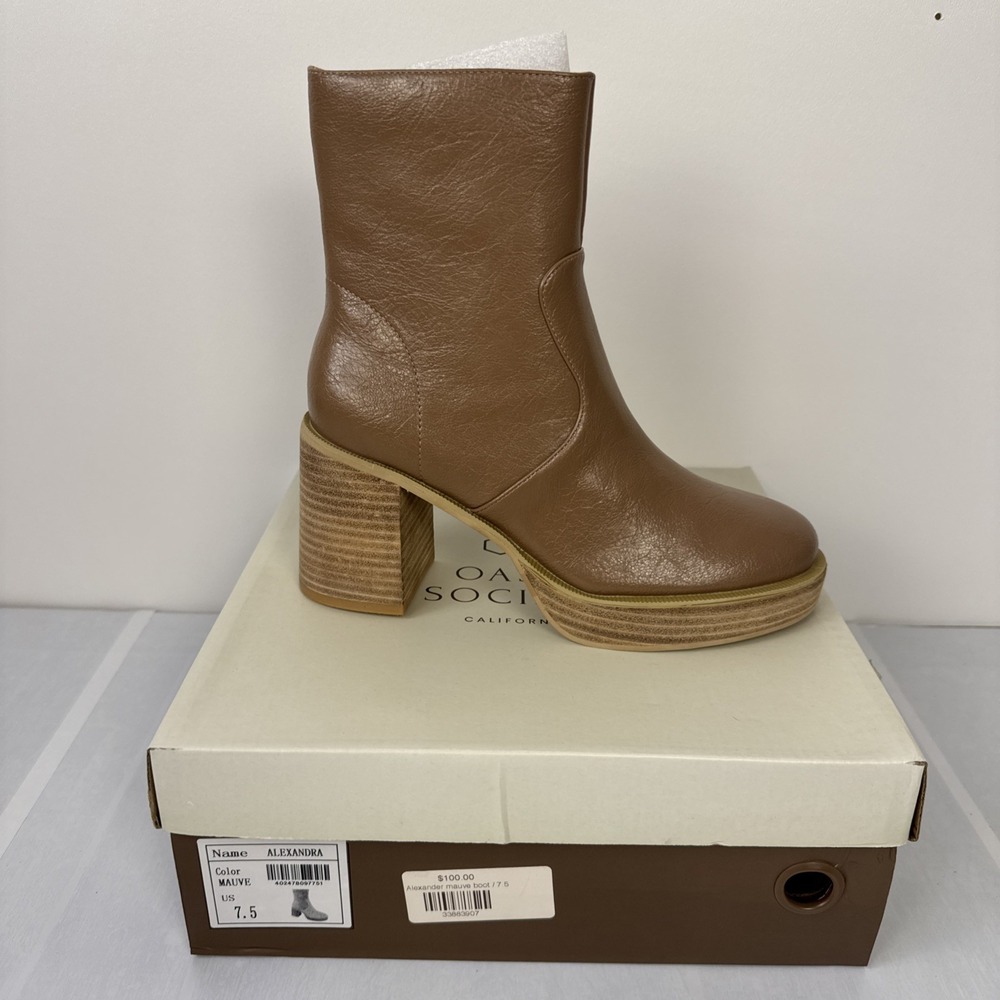 Oasis Society Platform Ankle Boots Tan Faux Leather Chunky 3" Heel SZ 7. 5 NIB